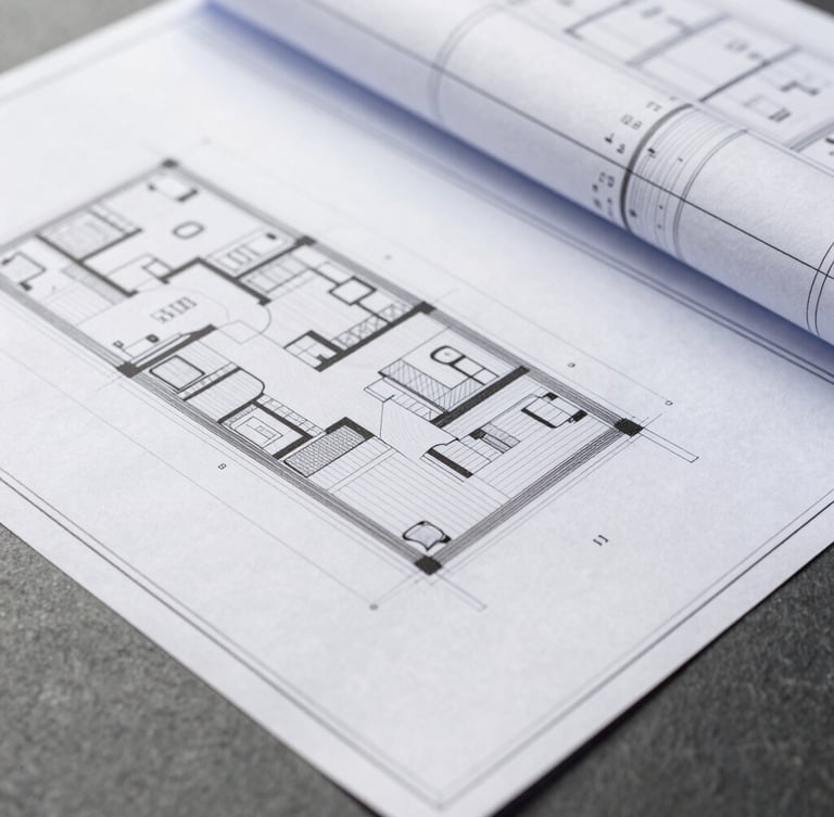 Close-up of architectural blueprints and clean financial ledgers on a slate surface, bright natural daylight, high-end editorial style