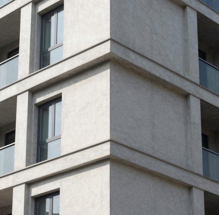 Crisp architectural detail of concrete and steel residential building corner, sharp geometric shadows, bright morning sun, desaturated cool tones