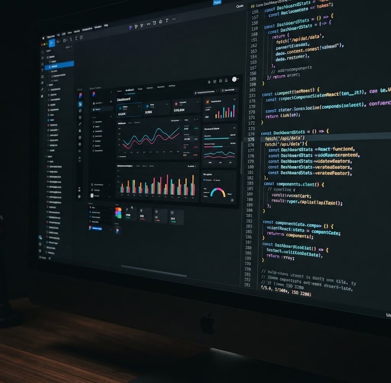Macro shot of a modern, dark-themed UI prototype on a physical desktop monitor, showing intricate design details and code snippets, low-key studio lighting, sharp focus, 35mm.