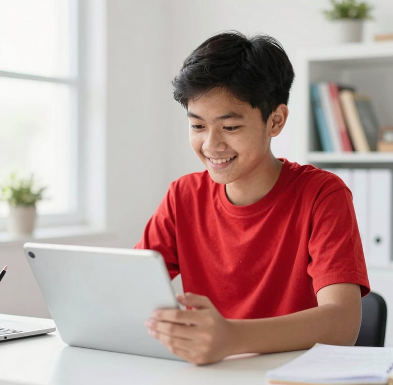 Bright editorial photography of a Malaysian student smiling while looking at a tablet screen in a sunlit home study room, soft daylight, shallow depth of field