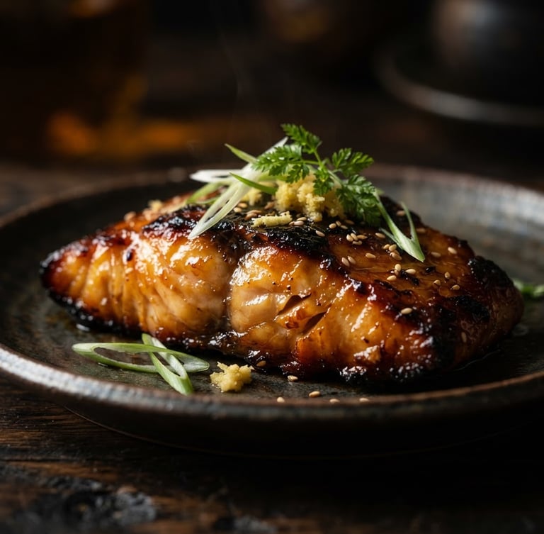 Macro shot of a wood-fired black cod dish, glistening with ginger-infused glaze, dramatic low-key side lighting, rich warm amber tones, shallow depth of field