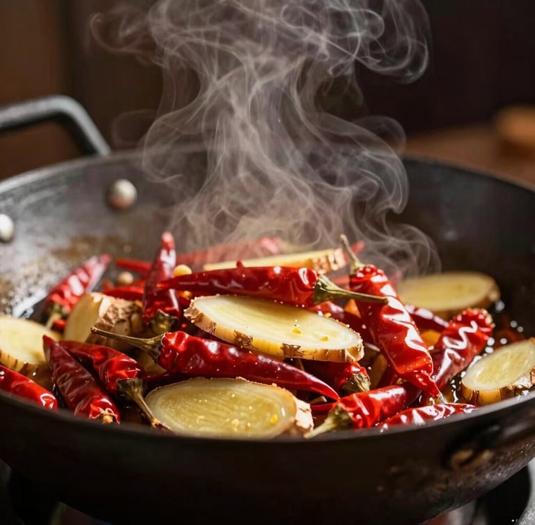Macro close-up of steam rising from a dark steel wood-fired wok, vibrant red chilis and fresh ginger slices glistening under dramatic side lighting, shallow depth of field.