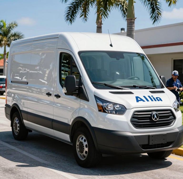 A recognizable Swift Air service van parked on a sunny Cape Coral street, bright Florida sunlight reflecting off clean metallic panels, active technician in the background holding tools.