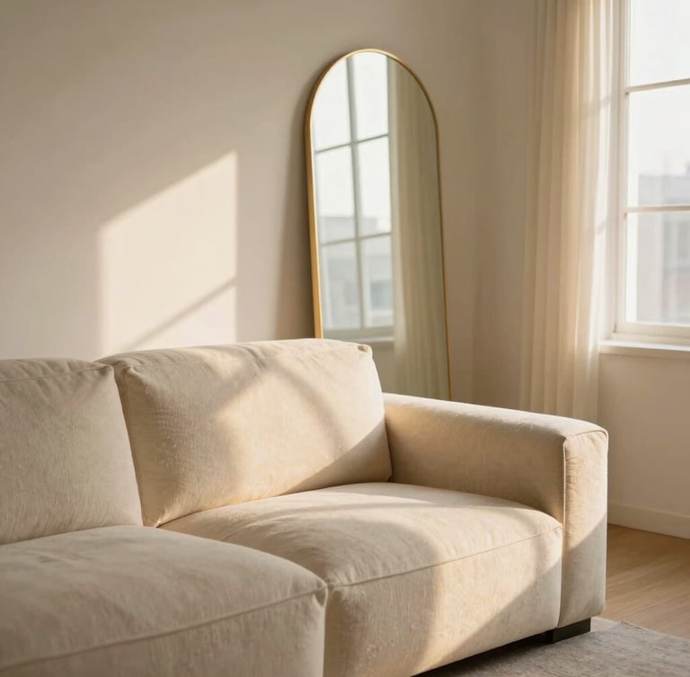 A sun-drenched warm minimalist living room with a bouclé cloud couch, arched gold floor mirror, and soft window light, 35mm editorial photography