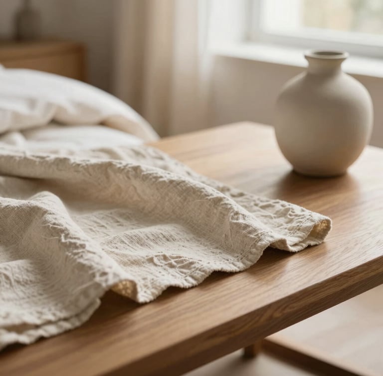 Close-up of textured linen fabrics and a ceramic vase on a styled oak coffee table, soft diffused morning light, shallow depth of field