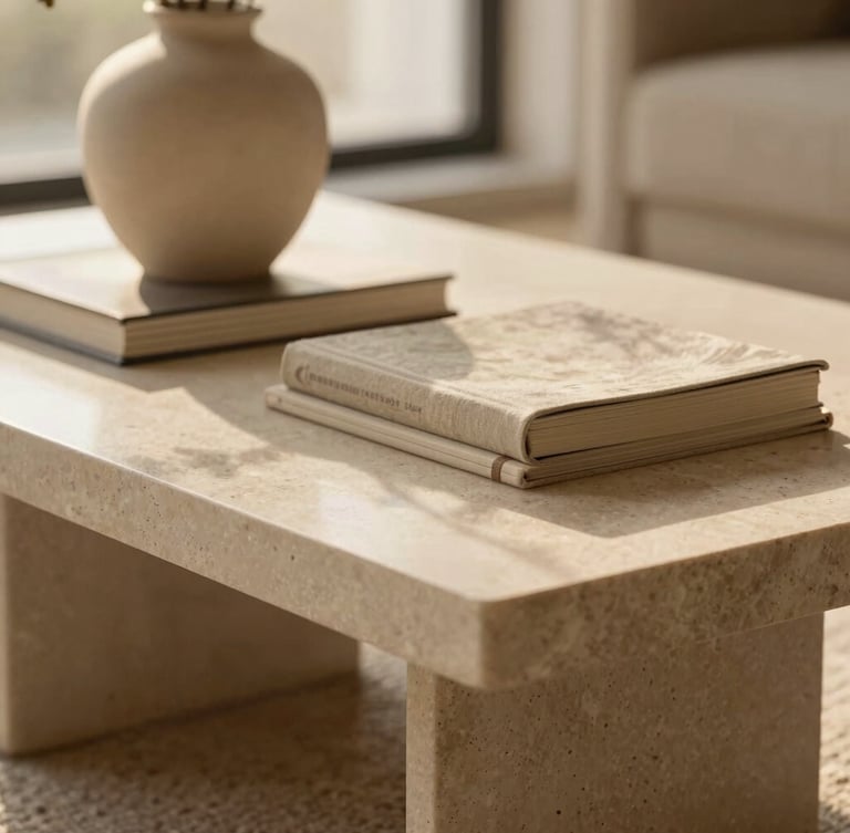 Close-up of a styled travertine coffee table with linen books, a ceramic vase, and warm golden-hour light casting soft shadows, shallow depth of field