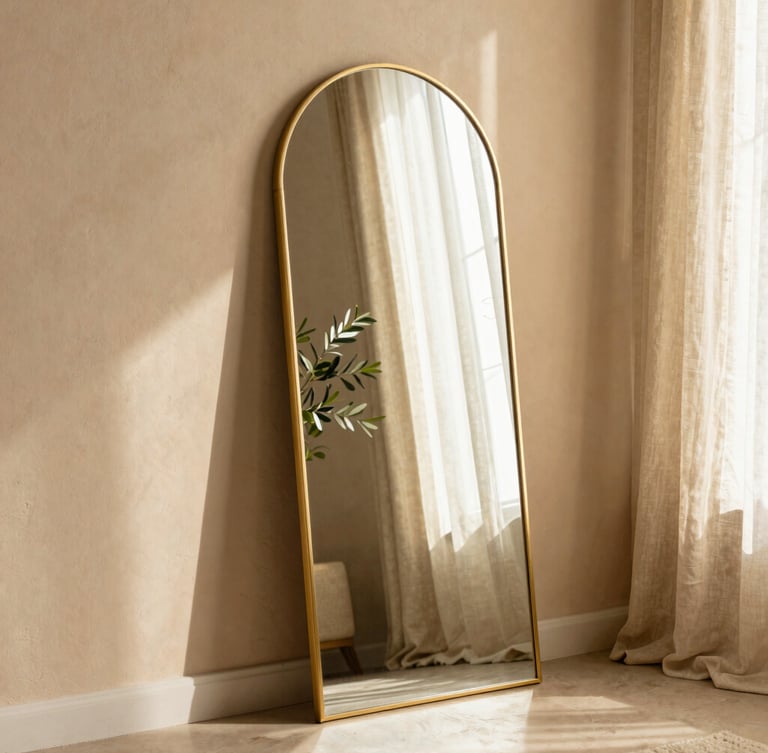 A tall gold arched mirror leaning against a warm beige plaster wall, reflecting a sun-drenched room with linen curtains and olive branches.