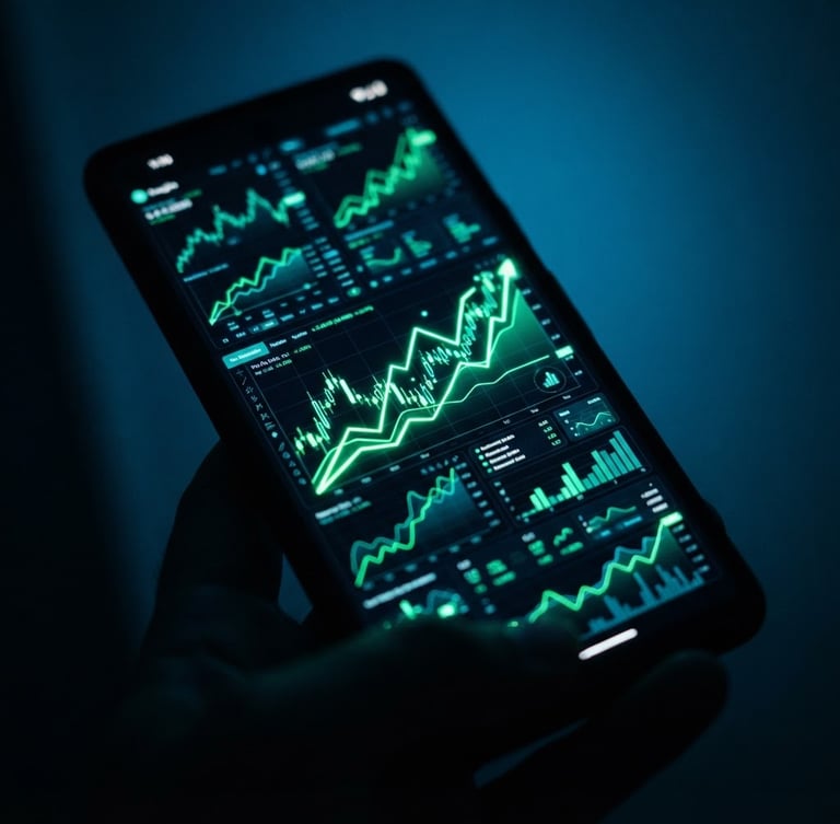 Macro shot of a high-contrast mobile screen displaying real-time analytical dashboards with upward trending green lines, neon cyber-blue ambient glow, shallow depth of field