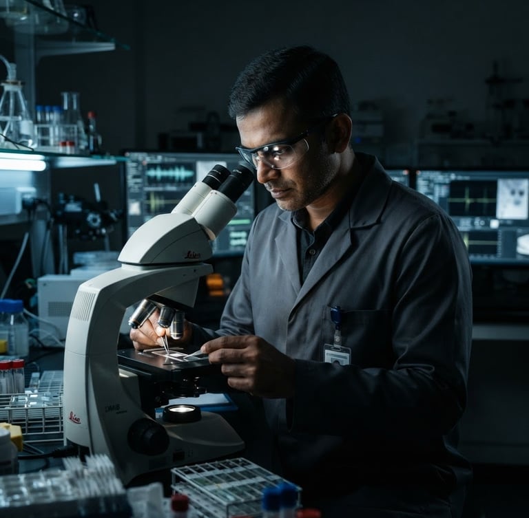 Cinematic dark-mode portrait of G. Vimal Kumar in a high-tech forensic lab, sharp cool-toned key light, technical data overlays, 35mm lens.