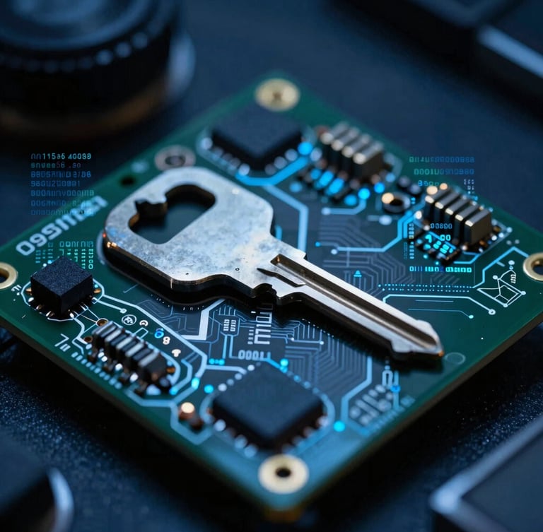 Macro close-up of a high-security hardware cryptographic module in a dark forensic lab, cool blue key light, high contrast, technical data overlay, 35mm lens