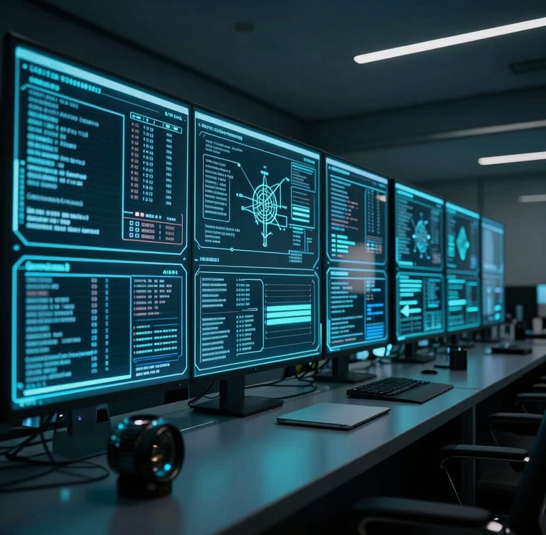 A high-contrast cinematic shot of a modern cyber forensics command center in Singapore, cool cyan holographic data screens reflecting on dark glass surfaces, 35mm lens, low-key lighting.
