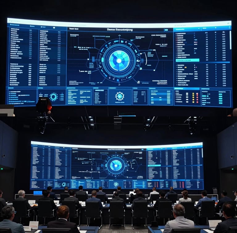 Wide cinematic shot of a modern international security summit in Singapore, low-key cool blue lighting, high-tech command center screens in the background.