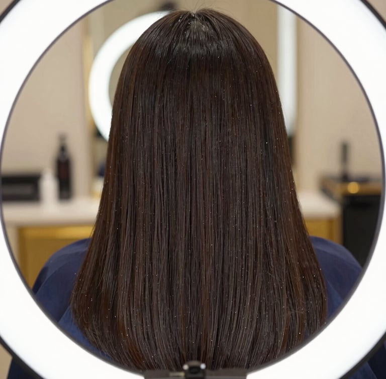 Close-up of glossy, healthy hair transformation, deep rich tones, bright ring-light studio lighting, shallow depth of field, 35mm