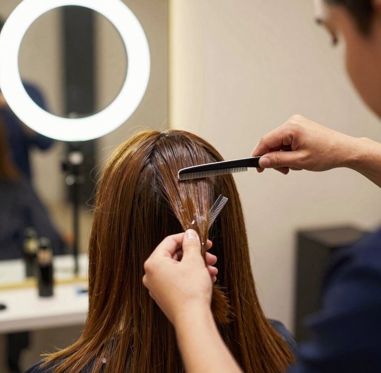 A professional stylist meticulously working with foils on a client's hair, warm editorial lighting, close-up of glossy hair texture, 35mm