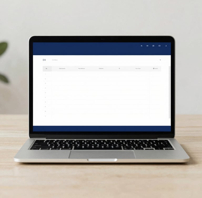 Clean minimalist mockup of a spreadsheet interface displayed on a modern laptop screen, soft daylight, deep blue and sand tones, sharp focus, 35mm