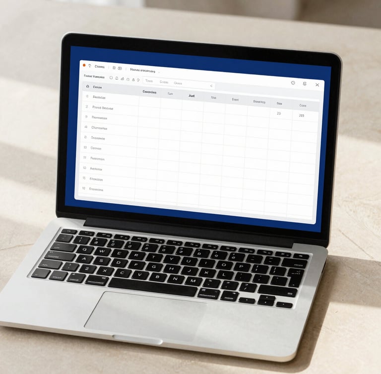 High-fidelity clean mockup of a sleek spreadsheet interface displayed on a modern laptop screen, overhead desk setup, bright natural daylight, soft shadows, 35mm