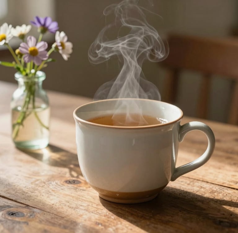 A warm cup of tea on a kitchen table with a vase of flowers.