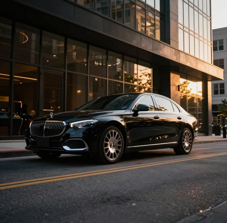 Cinematic wide angle of a luxury sedan parked in a modern downtown Columbus architectural setting at golden hour, sharp reflections, premium editorial photography
