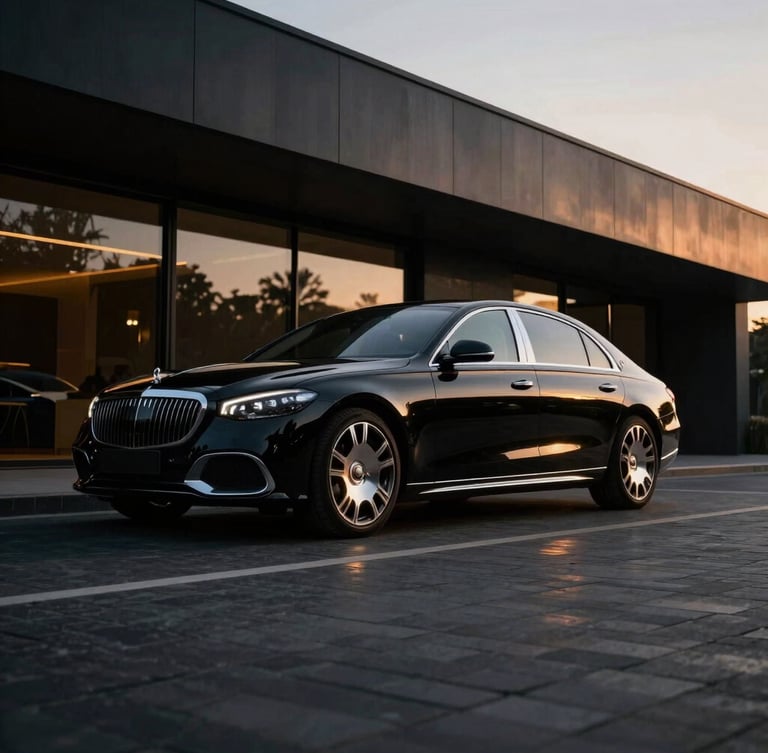 Cinematic wide angle of a luxury sedan parked in a modern architectural driveway at dusk, soft golden hour reflections on polished black metal, 35mm lens