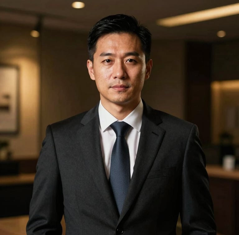 A professional insurance advisor in structured business attire, confident direct-to-camera portrait, dramatic low-key lighting with gold reflections, premium editorial photography