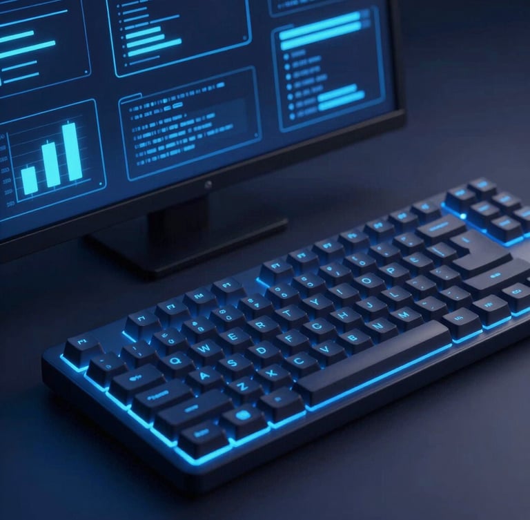 A close-up angled shot of a modern developer workspace, mechanical keyboard, abstract glowing blue UI wireframes on screen, soft shadows, 3d render