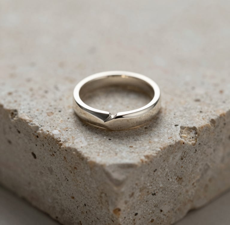 Extreme close-up macro shot of a minimalist geometric silver ring resting on a textured travertine stone block, soft natural side-light, elegant shadows, focus on metallic craftsmanship