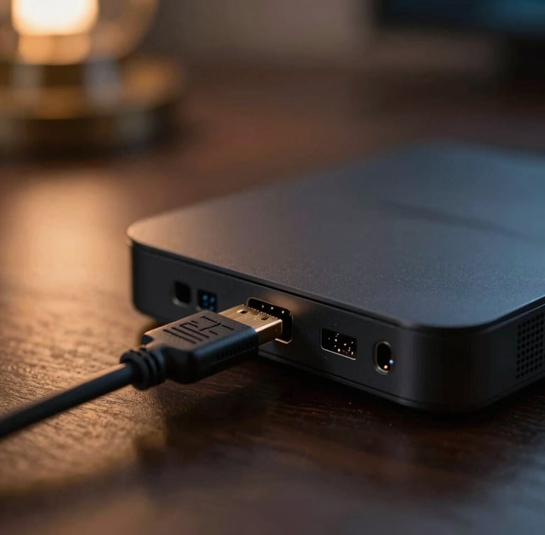 Macro photography of an Android TV box port setup with an HDMI cable plugging in, warm ambient living room light, shallow depth of field, 50mm