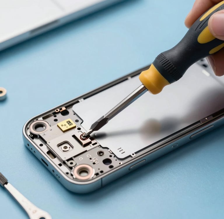 Crisp macro photography of a precision screwdriver repairing an open smartphone chassis on a clean blue workbench, bright clean workbench lighting, cool tech tones, shallow depth of field, 35mm