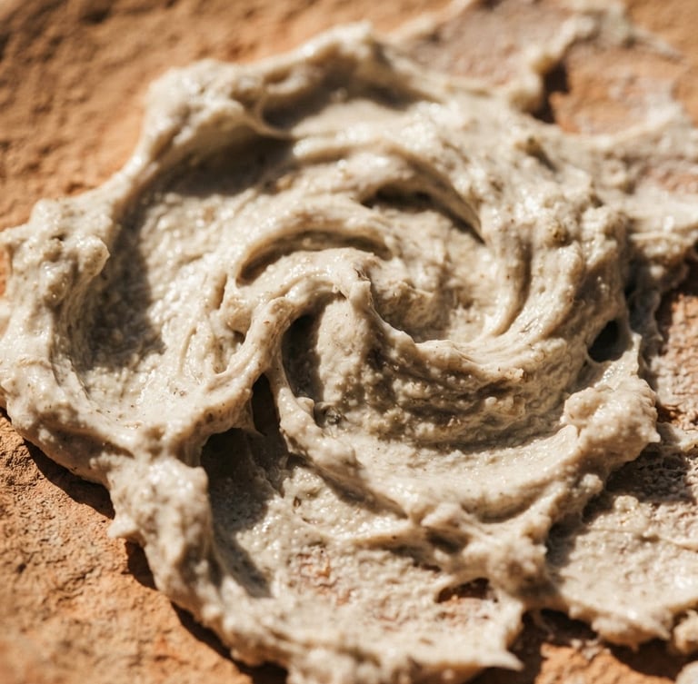 Extreme close-up of thick, raw face cream texture with visible organic swirls, harsh direct sunlight casting dramatic shadows on warm clay background
