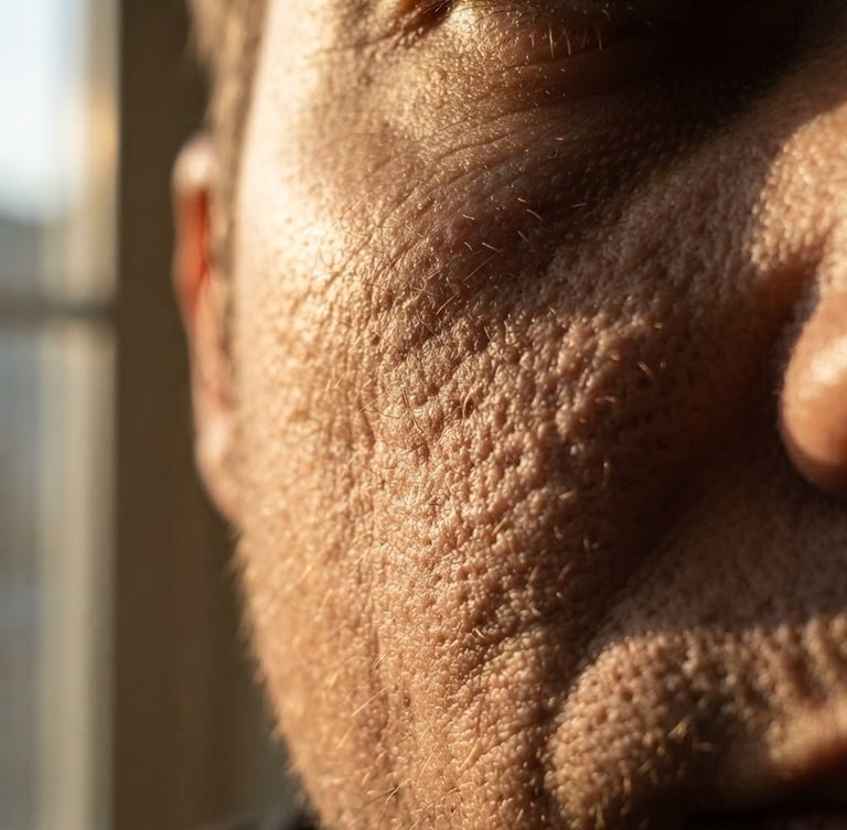 Extreme close-up of unretouched skin texture with warm afternoon window light, macro lens, dramatic shadows, tactile