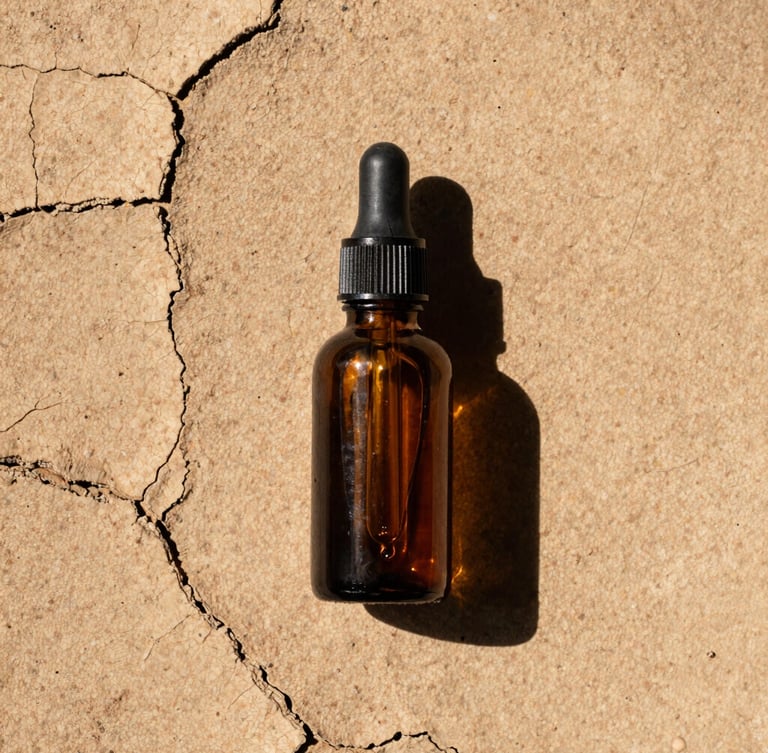 Overhead flat lay of amber glass dropper bottle on cracked earthy clay, harsh direct sunlight, sharp dark shadows, raw texture