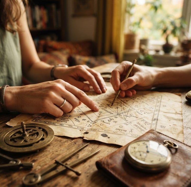 Close-up of hands analyzing a Vedic chart on aged paper, brass astrological instruments, and a vintage watch, warm golden-hour window light, shallow depth of field, rich mustard and sage tones.