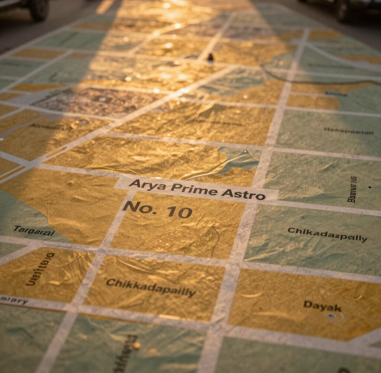 Overhead map view of Street No. 10 in Chikkadapally, Hyderabad, highlighting the location of Arya Prime Astro, warm golden-hour light, clear and professional.