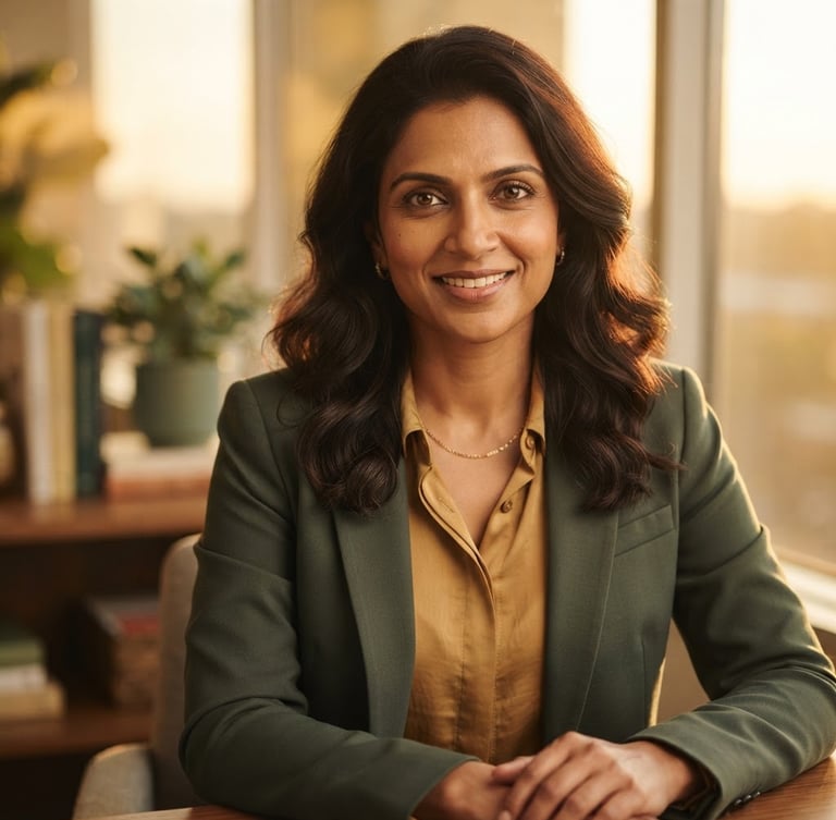 Professional portrait of D.M. Kavya, warm, authentic, authoritative, looking confidently towards the viewer, soft golden-hour window light, shallow depth of field, rich mustard and sage tones.