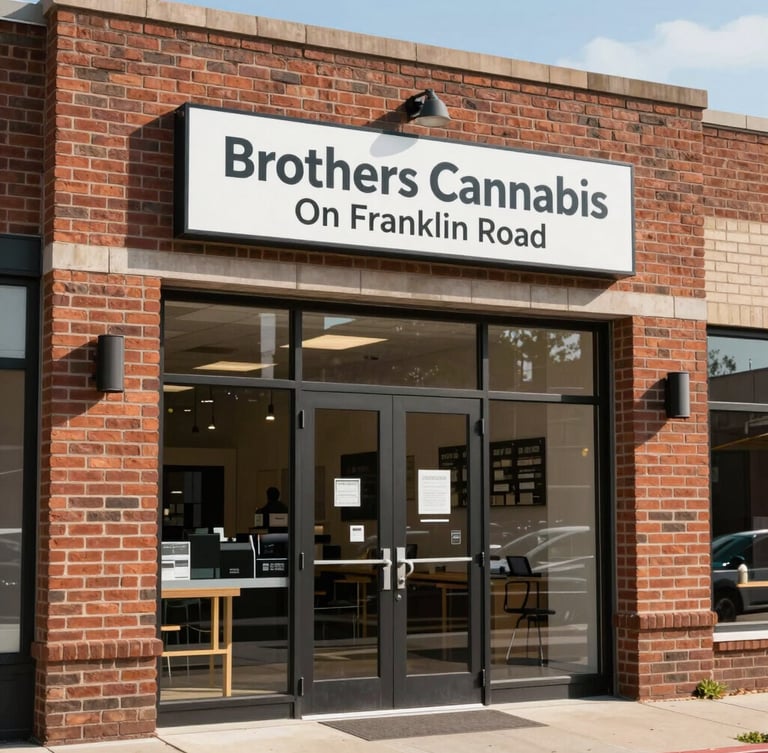 Bright natural daylight shot of the clean, professional brick storefront of Brothers Cannabis on Franklin Road, with a clear sign and welcoming entrance.