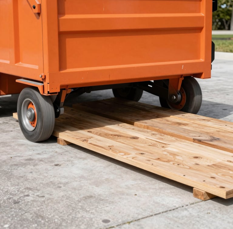 Close-up of heavy-duty wooden protective planks laid beneath the steel wheels of a safety-orange roll-off dumpster on a concrete driveway, bright Florida sunlight, sharp focus