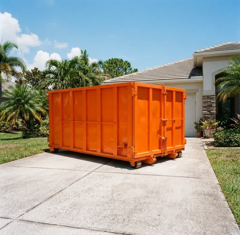 A clean safety-orange roll-off dumpster parked neatly on a concrete residential driveway in bright Florida sunlight, low-angle heroic shot, 35mm lens