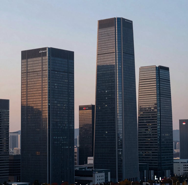 Modern Seoul skyline at dawn, crisp light, focused on architectural details, with a subtle hint of a business district in the background. Editorial corporate photography, cool morning daylight, deep navy and gold tones, sharp focus, architectural and professional.