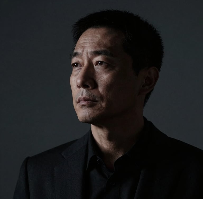 Dramatic close-up portrait of a thoughtful male consultant in his 40s, low-key side-lighting, deep shadows, high contrast, dark minimalist background, 85mm lens, cinematic