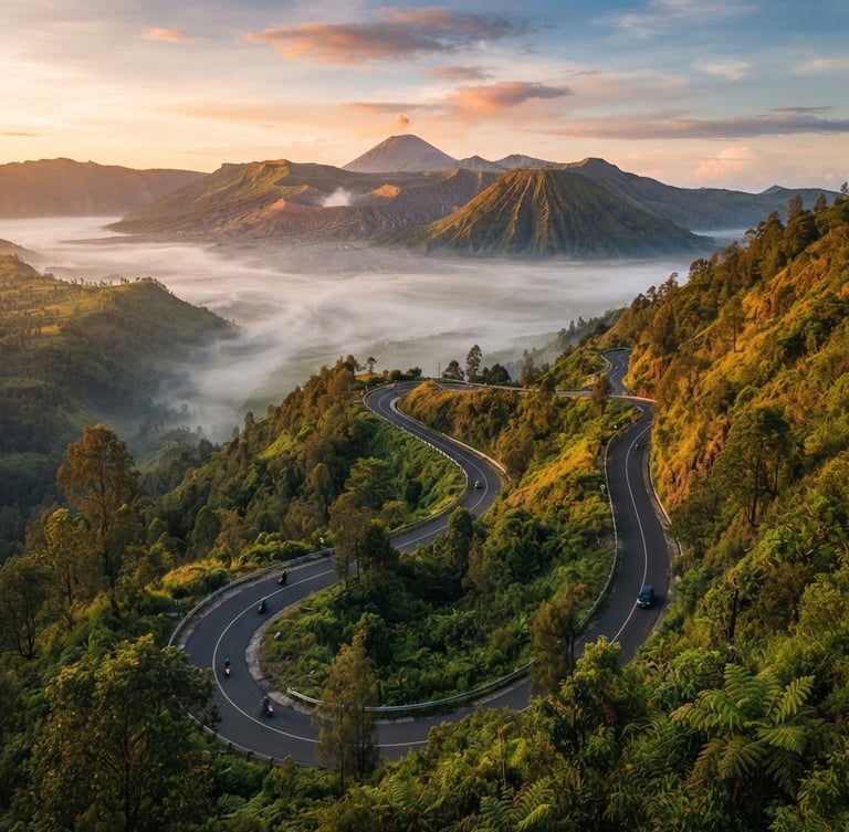 Cinematic drone shot of a winding mountain road in East Java at sunrise, misty valley below, rich tropical tones, 35mm
