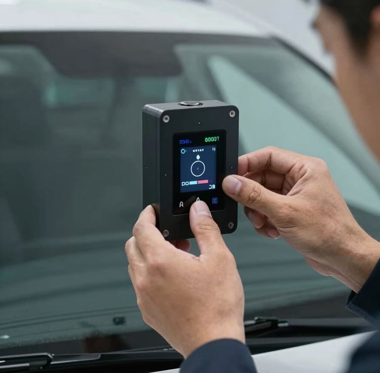 Tight close-up of a technician's hands adjusting a high-tech ADAS calibration target in front of a car windshield, cool workshop lighting, sharp focus on the digital sensor alignment.