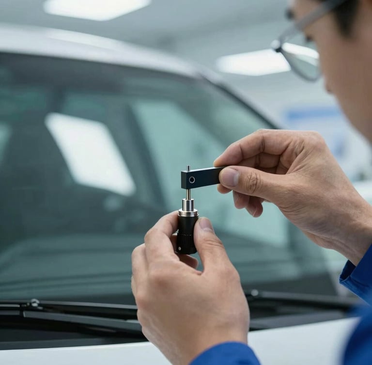 Tight close-up of a technician's hand adjusting a high-precision sensor calibration target in front of a modern windshield under bright, cool workshop lighting.