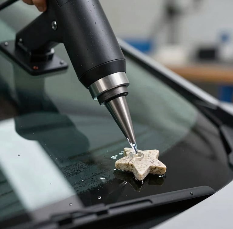 Close-up of a professional vacuum suction tool mounted on a car windshield, injecting clear resin into a small star-shaped stone chip, sharp focus on the tool tip and glass edge, cool workshop lighting