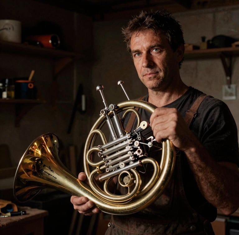 Portrait of a craftsman holding a French horn in a dimly lit workshop, directional incandescent lighting, deep shadows, 35mm.