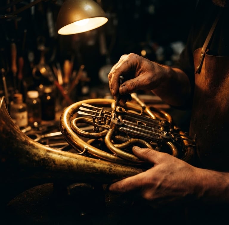 Macro shot of hands working on a glowing brass French horn under warm directional incandescent lighting, rich dark workshop background, high contrast, 35mm.