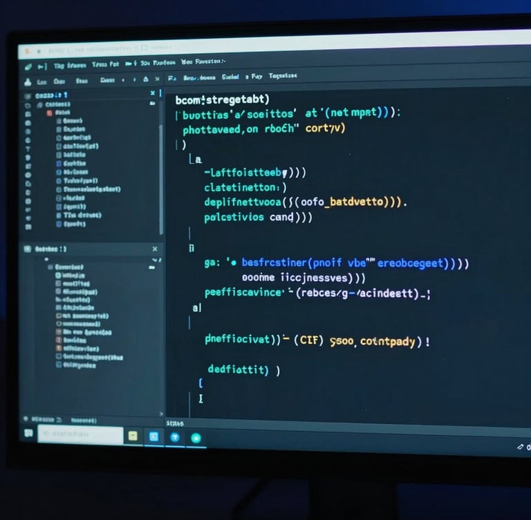 Macro shot of a clean code editor on a monitor, deep slate screen with vibrant teal and blue code syntax highlighting, low-key dramatic ambient lighting, cinematic 35mm
