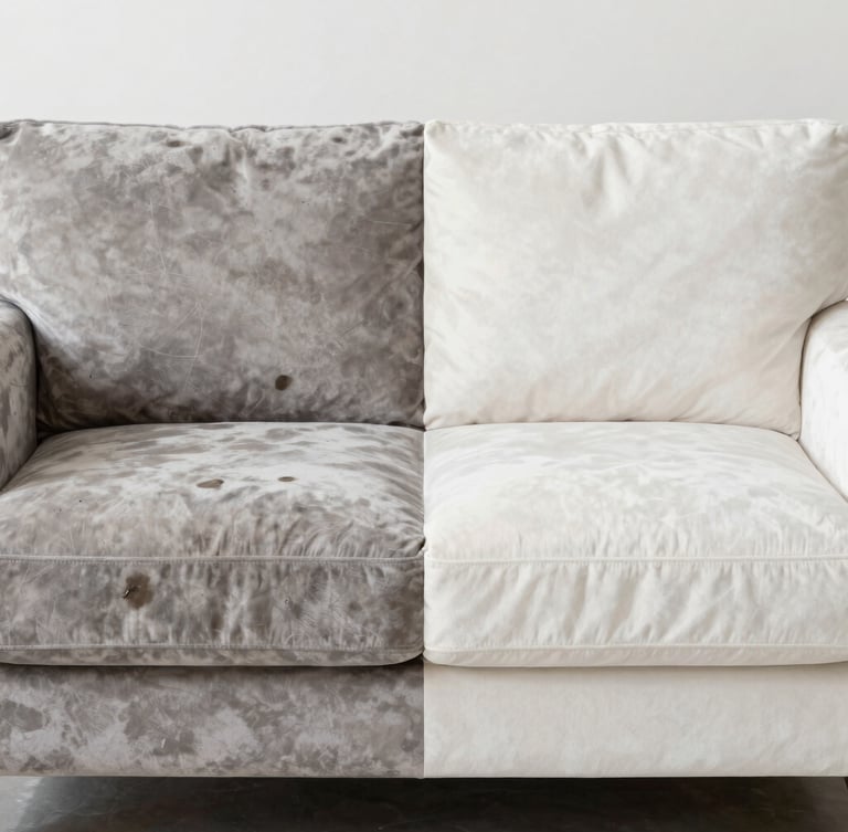 Straight-on split-screen macro shot of a velvet sofa, left side heavily stained and dark with oils, right side pristine and fully restored, bright neutral studio lighting, sharp focus on fabric weave