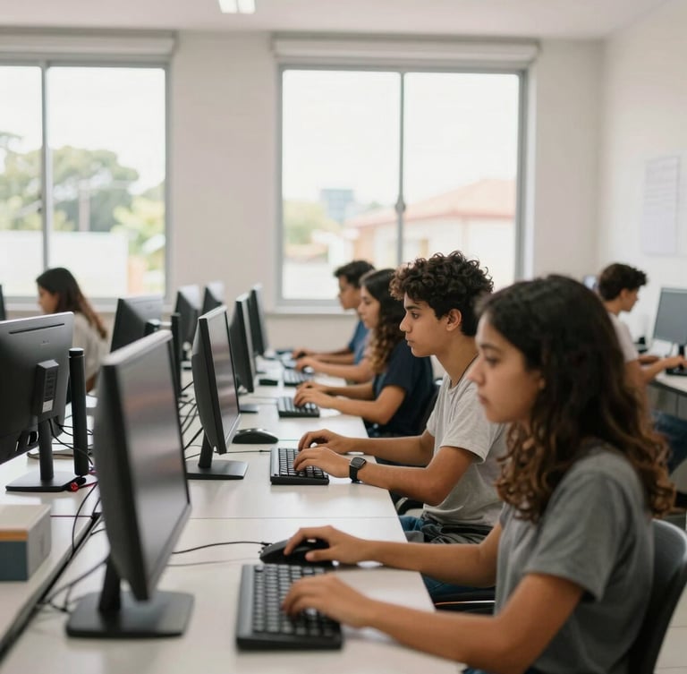 Bright modern IT laboratory with students working on computers, natural daylight from large windows, clean educational setting in Brazil
