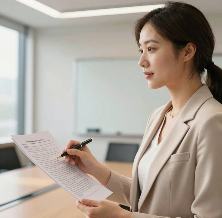 A close-up of a professional woman presenting a case study in a modern corporate boardroom, warm natural light, authentic expression