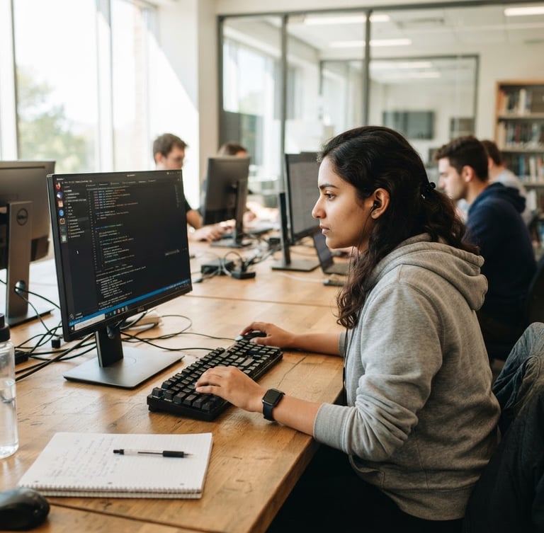A young adult student in a bright modern IT laboratory working on a computer, natural daylight, shallow depth of field, professional educational setting.